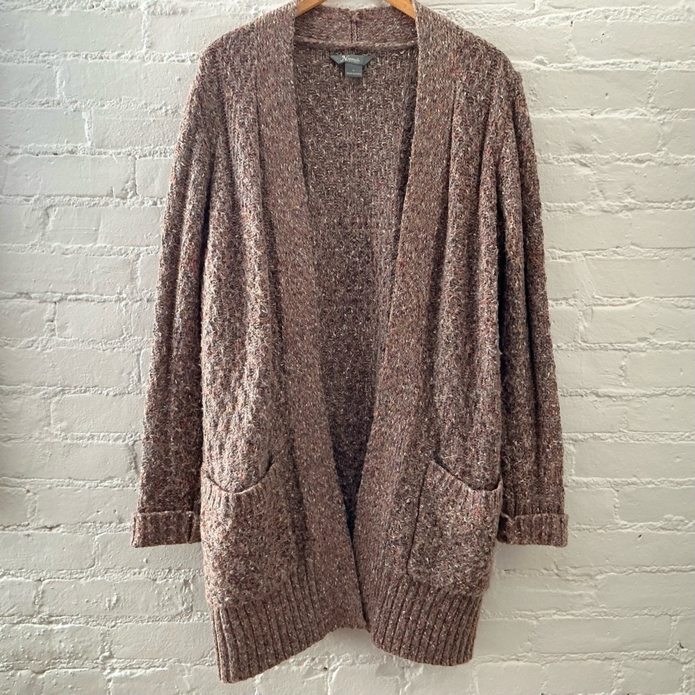 Natural Reflections Open Front Cardigan Duster Brown Speckle Knit Boho Lagenlook